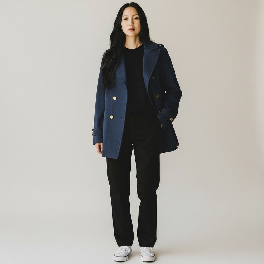 Tommy Hilfiger Pea Coat 8 Navy Wool Gold Button Pleated Dark Academia Military